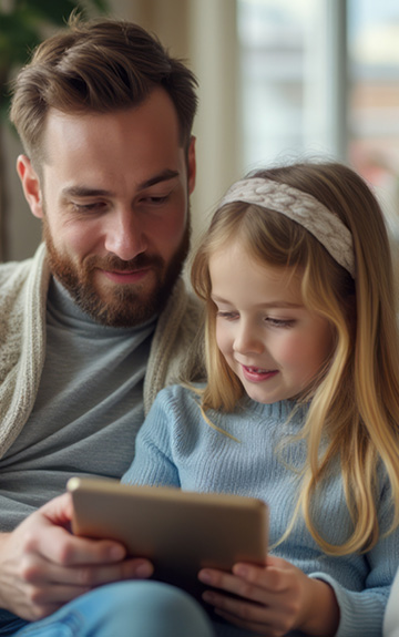 Ein Mann und ein Mädchen sitzen auf einer Couch und blicken gemeinsam auf ein Tablet.